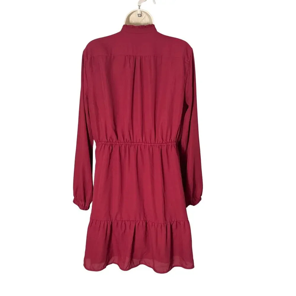 J. Crew Mercantile Ruffle‎ Pintuck Long Sleeve Dress Burgundy Size 12